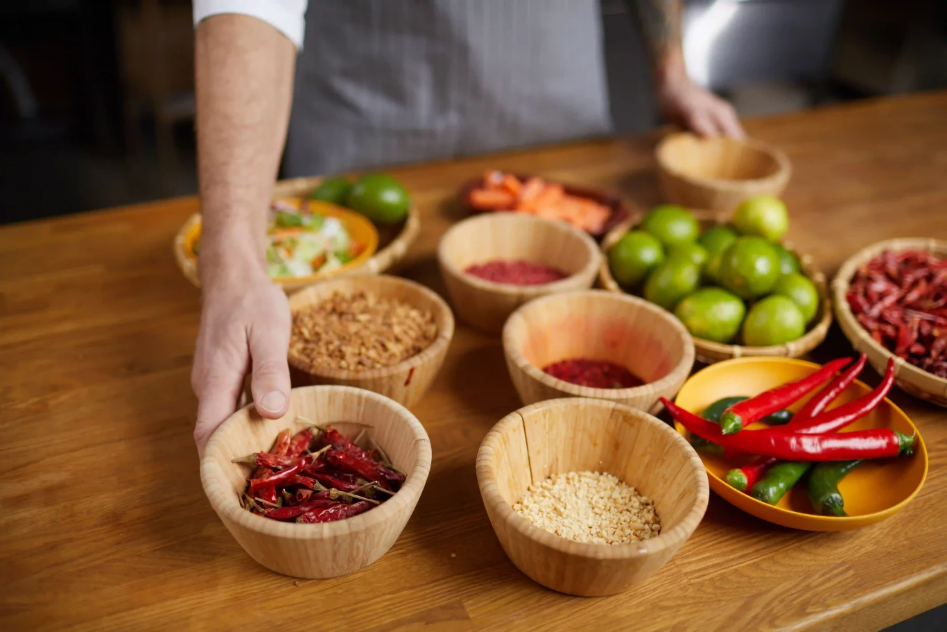 Chef preparing variety of cooking ingredients on table