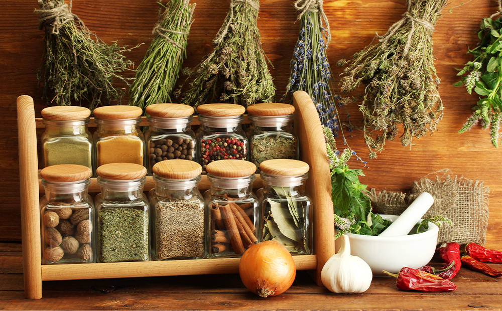 Collection of fresh and dried herbs and spices